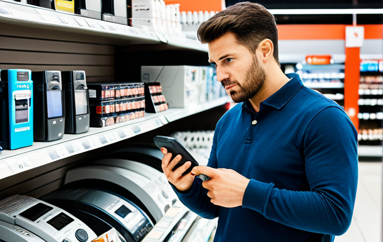 Smart Shopper**

A person, fully clothed in casual wear, is meticulously comparing prices on a smartphone while standing in a bright, modern electronics store. Shelves filled with various appliances and gadgets are visible in the background. The person is holding a shopping list. Focus on the expression of thoughtful consideration. safe for work, appropriate content, family-friendly, professional, perfect anatomy, natural proportions, well-formed hands.

**