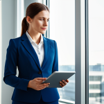 **

A professional businesswoman in a modest, tailored suit stands confidently in a bright, modern office. Sunlight streams through the large windows. She is holding a tablet displaying data charts. Fully clothed, appropriate attire, safe for work. Perfect anatomy, correct proportions, natural pose. Professional photography, high quality, family-friendly.

**