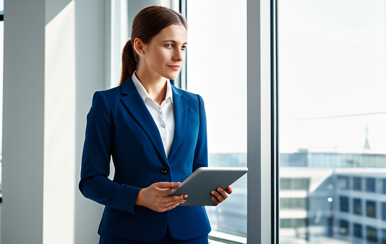 **

A professional businesswoman in a modest, tailored suit stands confidently in a bright, modern office. Sunlight streams through the large windows. She is holding a tablet displaying data charts. Fully clothed, appropriate attire, safe for work. Perfect anatomy, correct proportions, natural pose. Professional photography, high quality, family-friendly.

**