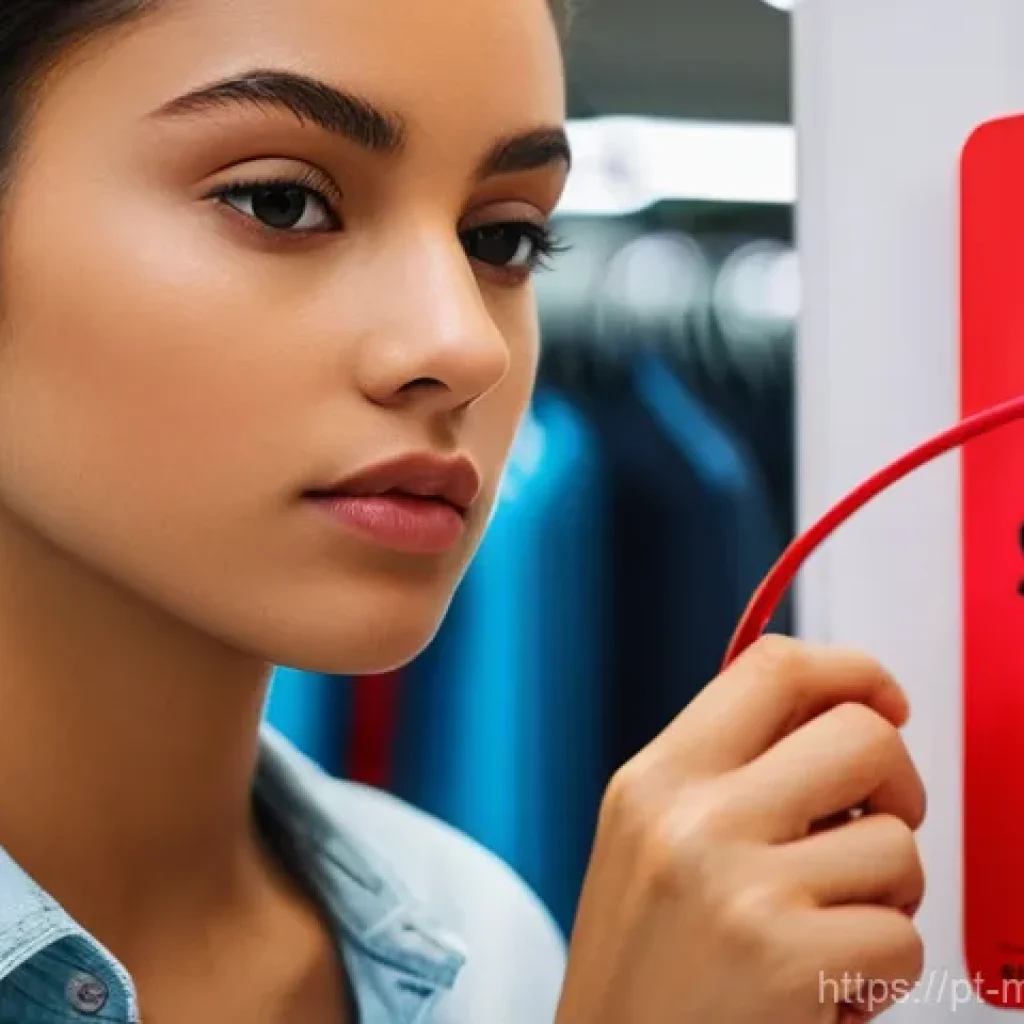 행동경제학적 가격 책정 전략 - A close-up of a young adult, appearing thoughtful, examining a bright red sale tag in a bustling, mo...