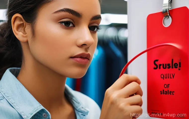 행동경제학적 가격 책정 전략 - A close-up of a young adult, appearing thoughtful, examining a bright red sale tag in a bustling, mo...