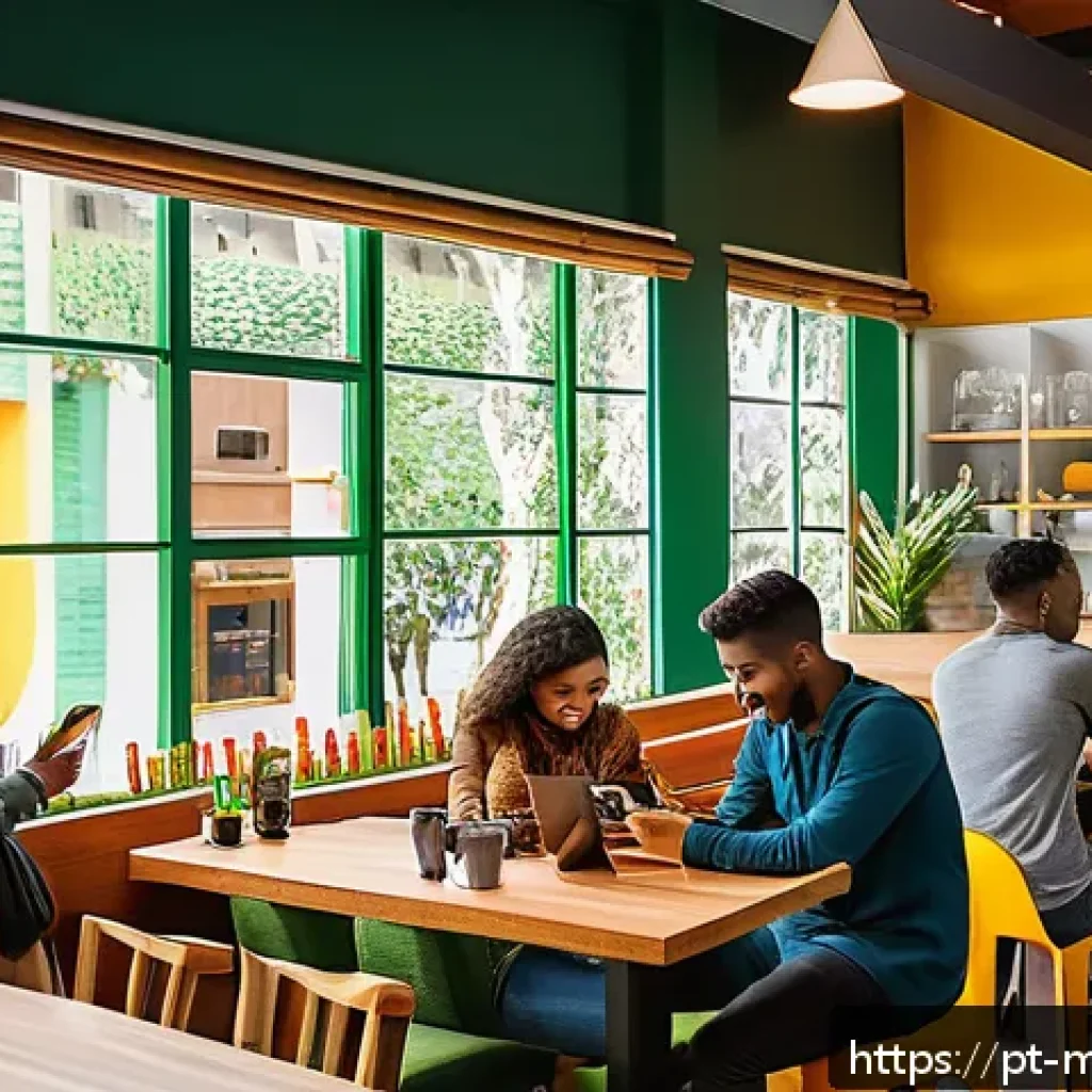행동경제학과 스토리텔링의 관계 - A vibrant scene inside a modern Brazilian café filled with diverse young adults happily engaging in ...