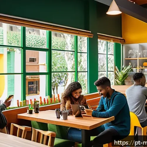 Home 17 행동경제학과 스토리텔링의 관계 - A vibrant scene inside a modern Brazilian café filled with diverse young adults happily engaging in ...