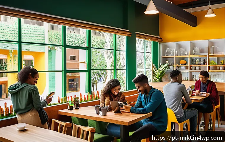 행동경제학과 스토리텔링의 관계 - A vibrant scene inside a modern Brazilian café filled with diverse young adults happily engaging in ...